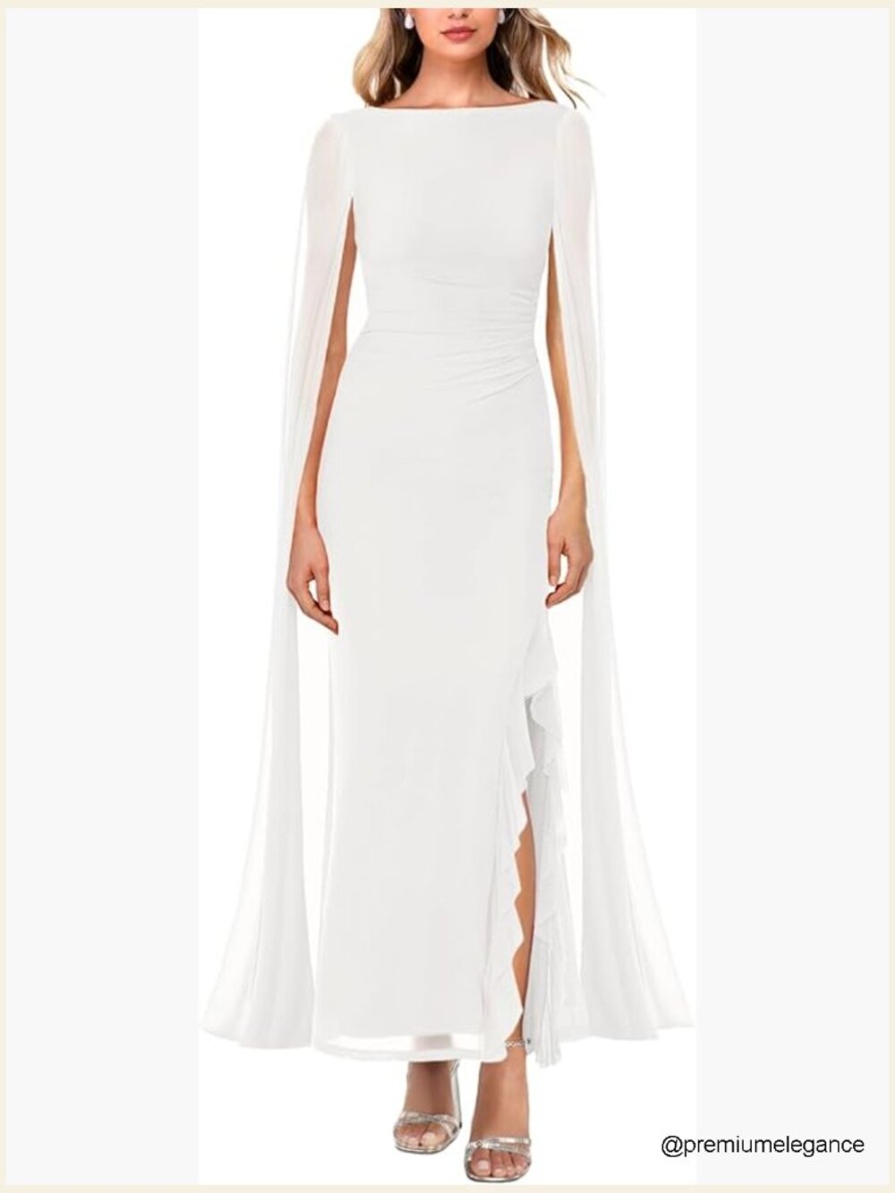 Long Sleeve Maxi Dress With Cape, Formal Bodycon, High Split, Ruched